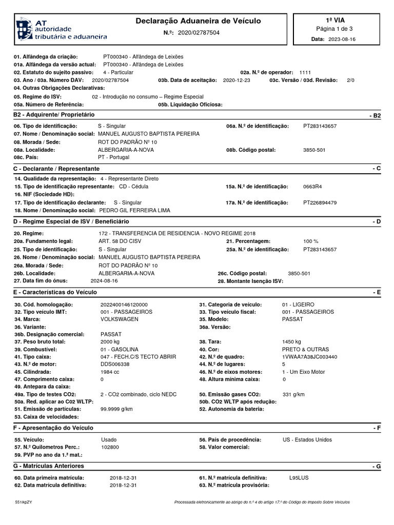 Declaração Aduaneira de Veículo 2023-08-16 2020 02787504 | PDF
