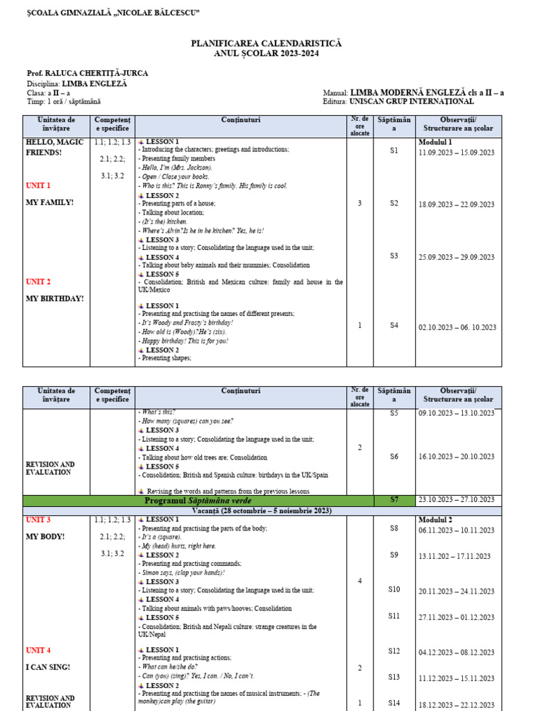 Planificare Modulară 2023-2024 CLASA A II A | PDF