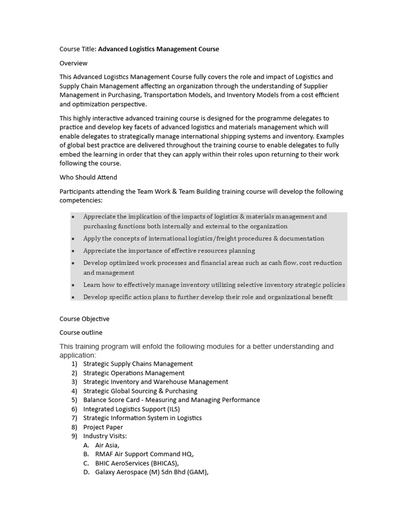 Advanced Logistics Management Course | PDF | Logistics | Supply Chain ...