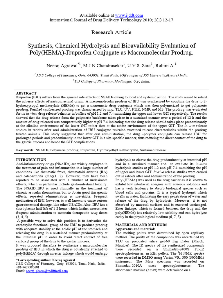 Ijddt 1st Article Pdf Nonsteroidal Anti Inflammatory Drug Polymers