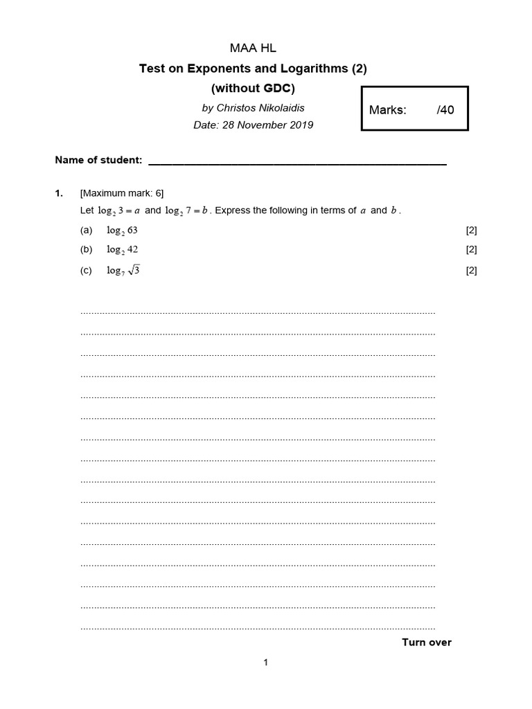 Exponents and Logarithms Test | PDF
