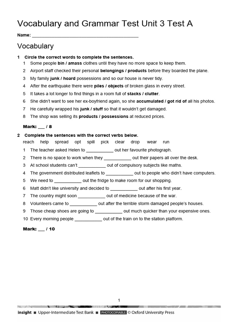 Vocabulary & Grammar Test Unit 3 Test A | PDF