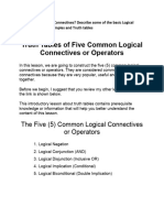 Truth Table of Five Common Logical Operators or Connectives