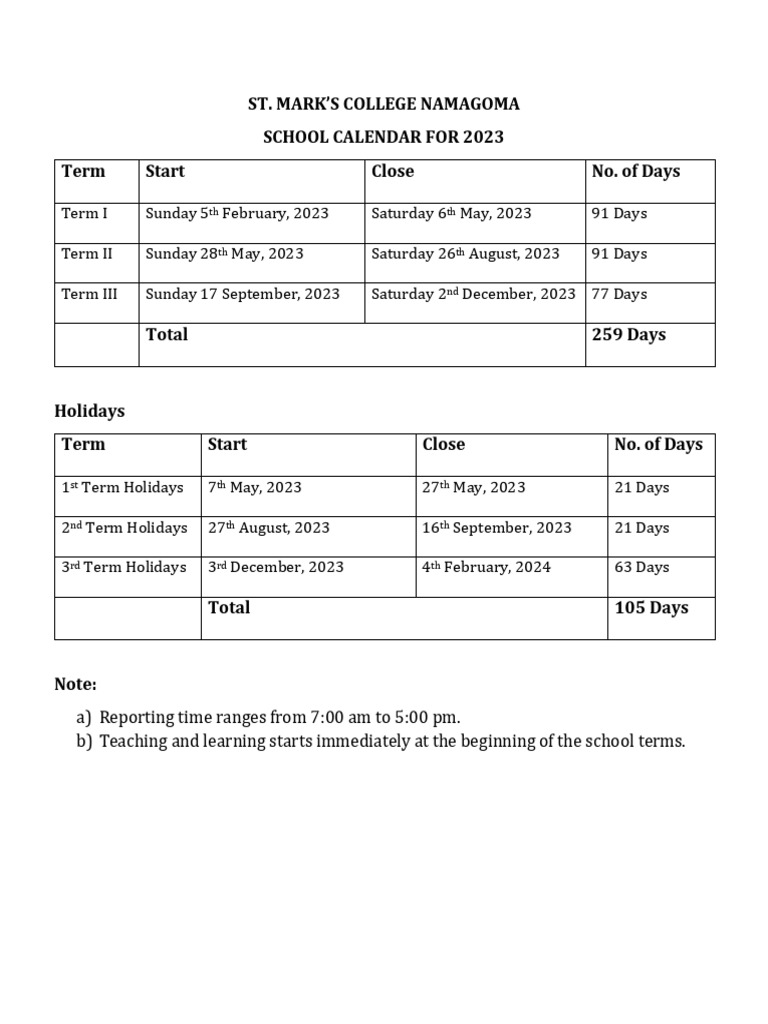 School Calendar 2023 PDF