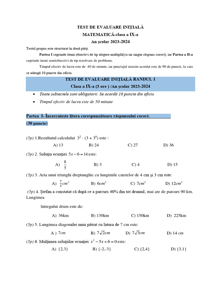 Test Initial Clasa A 9a Profil Tehnologic Pe 2 Randuri | PDF