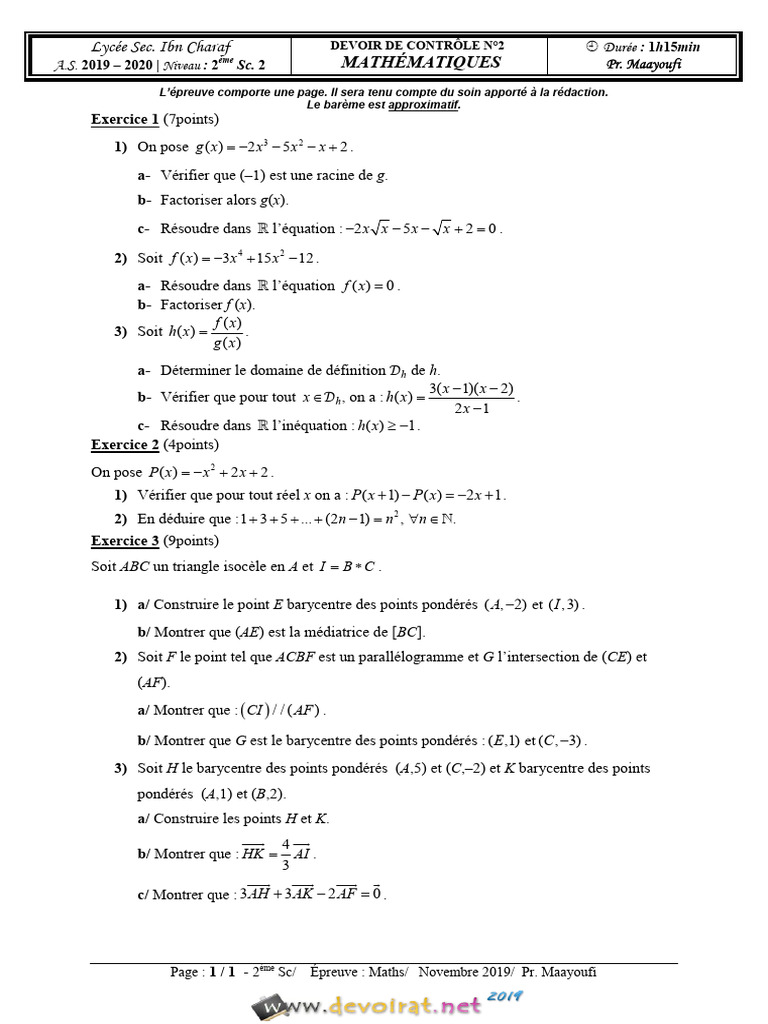 Devoir de Maths 2ème Sc - Novembre 2019 | PDF | Mathématiques ...