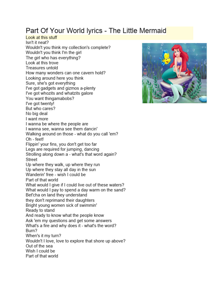 Part Of Your World Lyrics Pdf