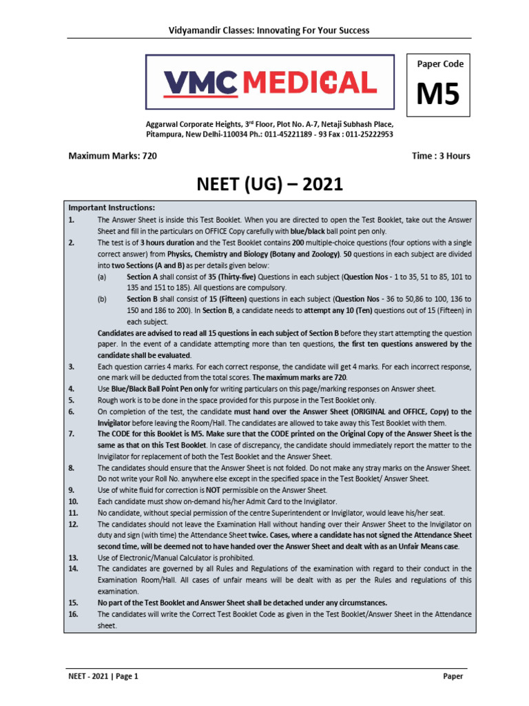 NEET Paper-2021 - Questions - Paper (Code M5) | PDF | Capacitor | Dipole