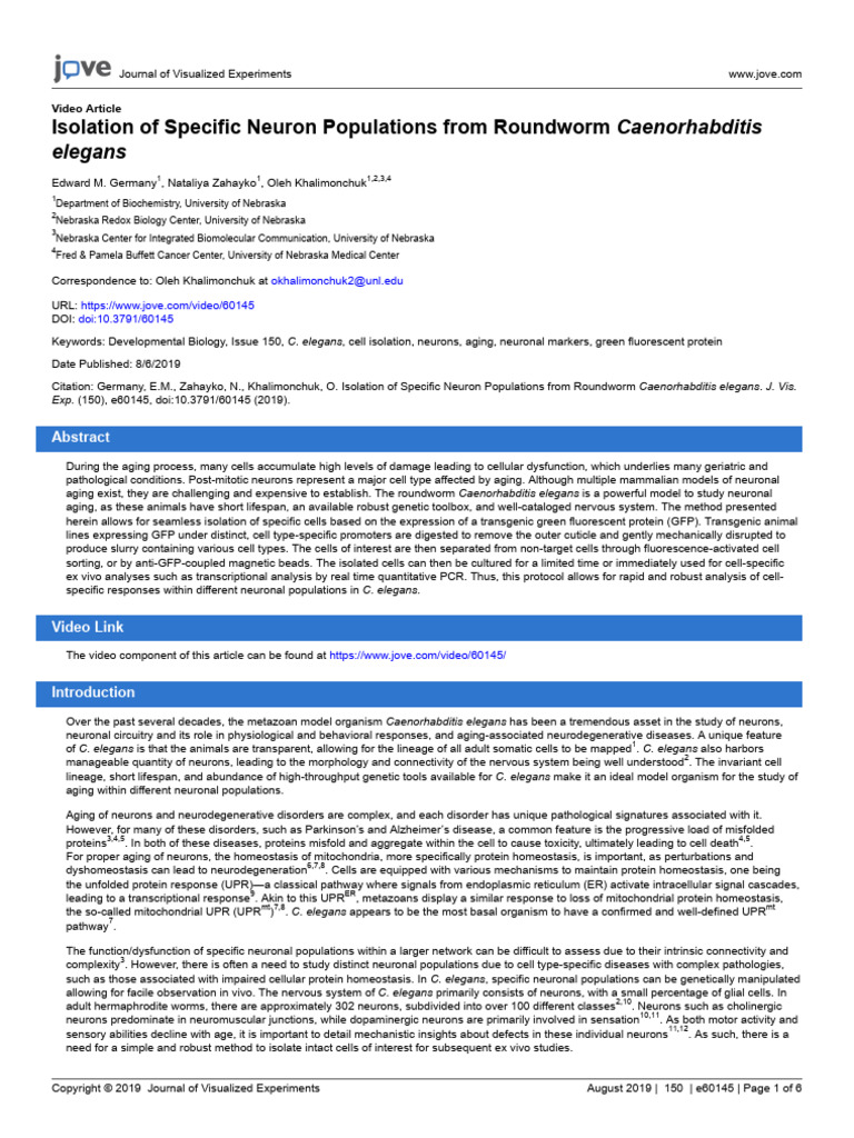 Isolation of Specific Neuron Populations From Roundworm Caenorhabditis ...