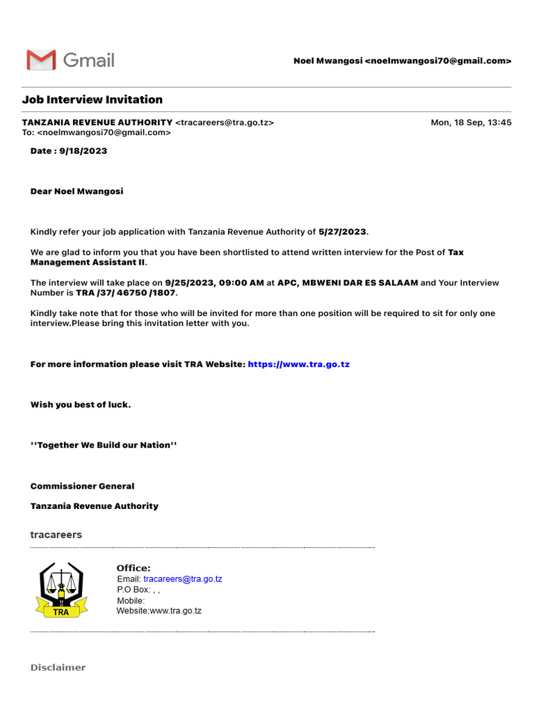 Job Interview Invitation TRA | PDF