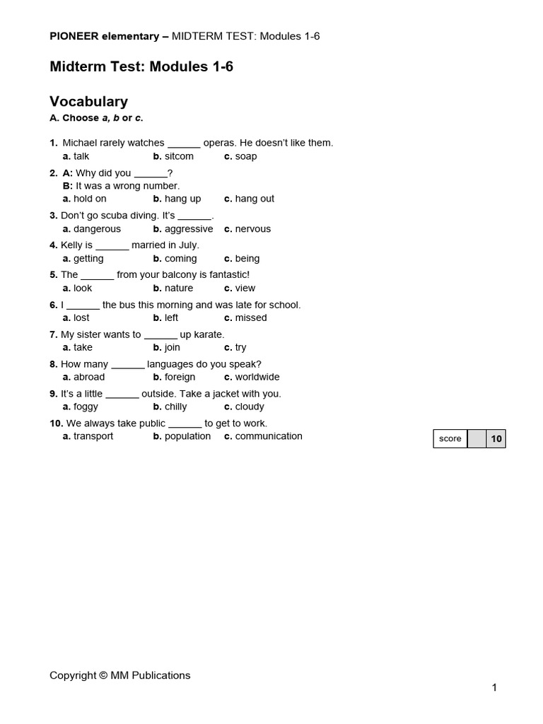 Pioneer Elementary Midterm 1-6 | PDF