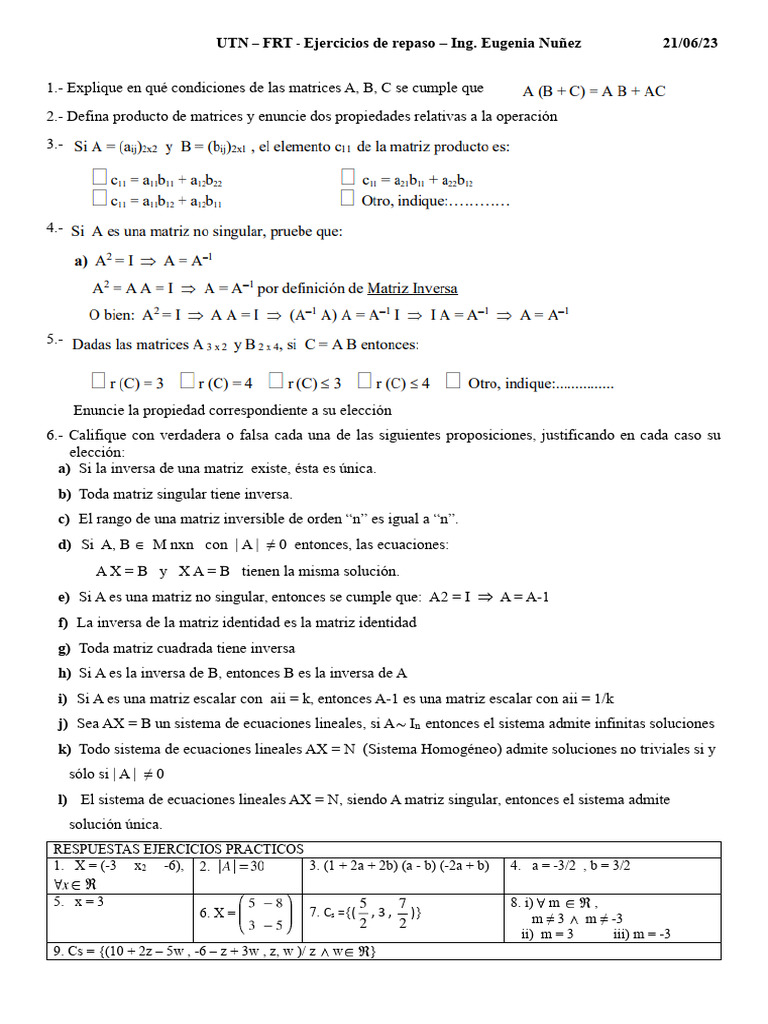 Ejercicios de Repaso 1° Parcial - UTN FRT | PDF | Matriz (Matemáticas ...