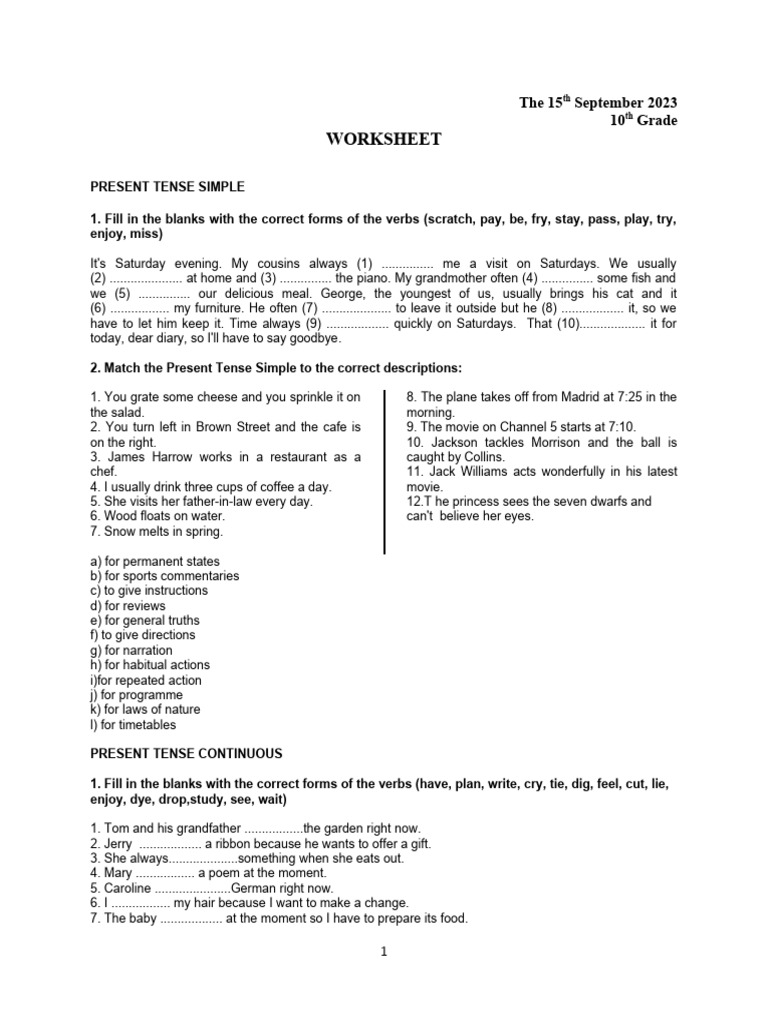 Worksheet 1 Present Tenses Exercises | PDF