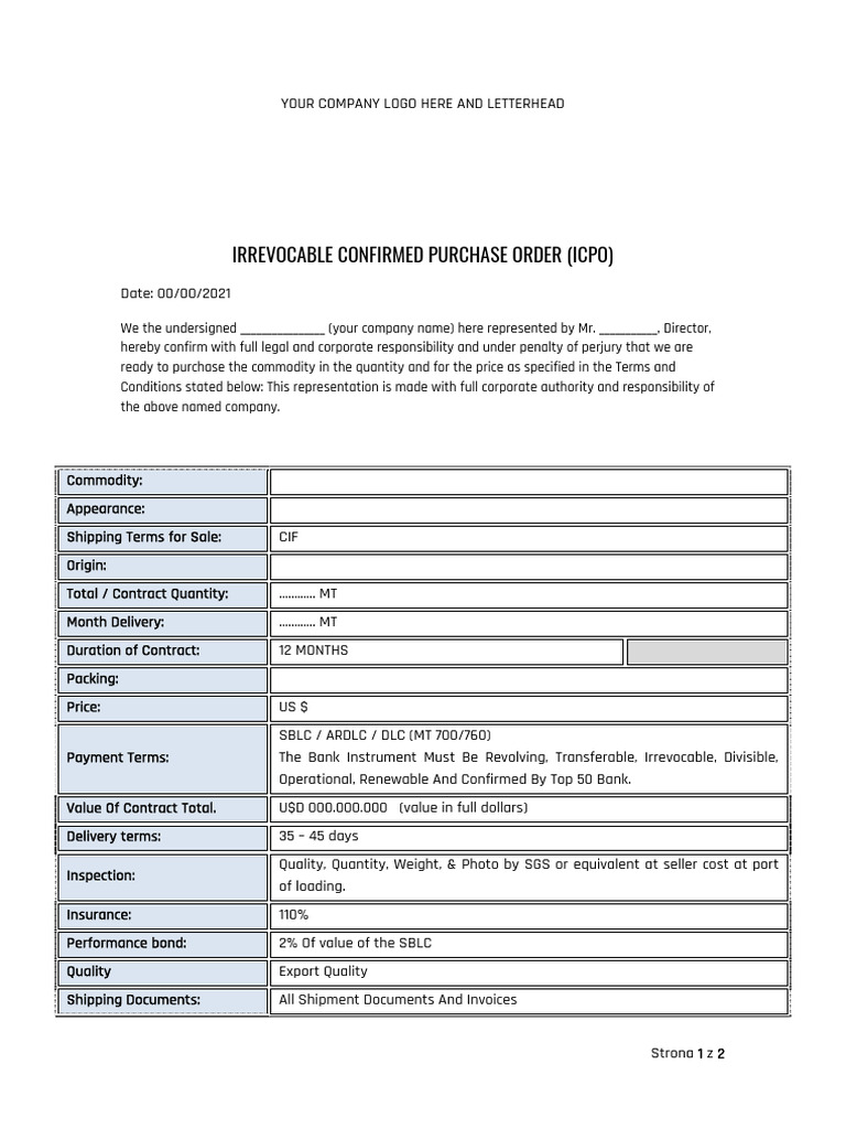 Irrevocable Confirmed Purchase Order Template | PDF | Letter Of Credit ...