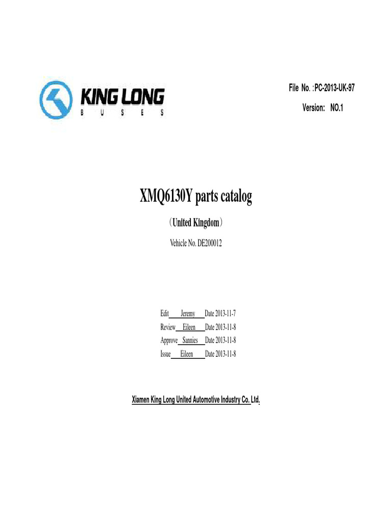 KING LONG XMQ6130Y Parts Catalog | PDF