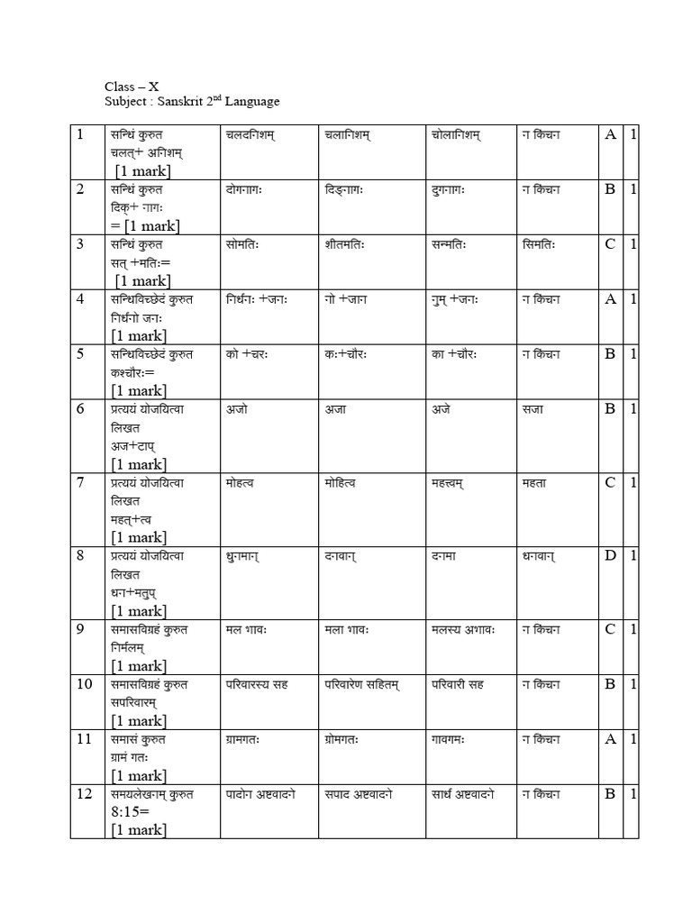 Sanskrit class x questions pt 3 in word form pdf