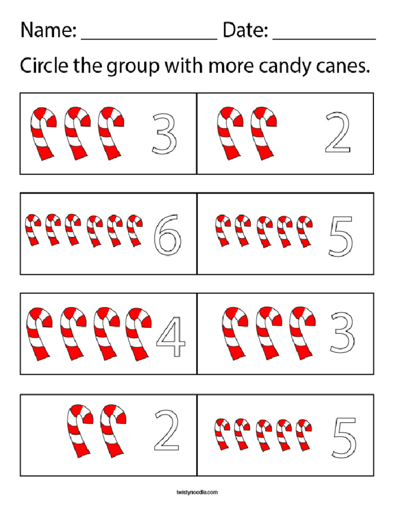Circle The Group That Has More Candy Canes Math Worksheet Twisty