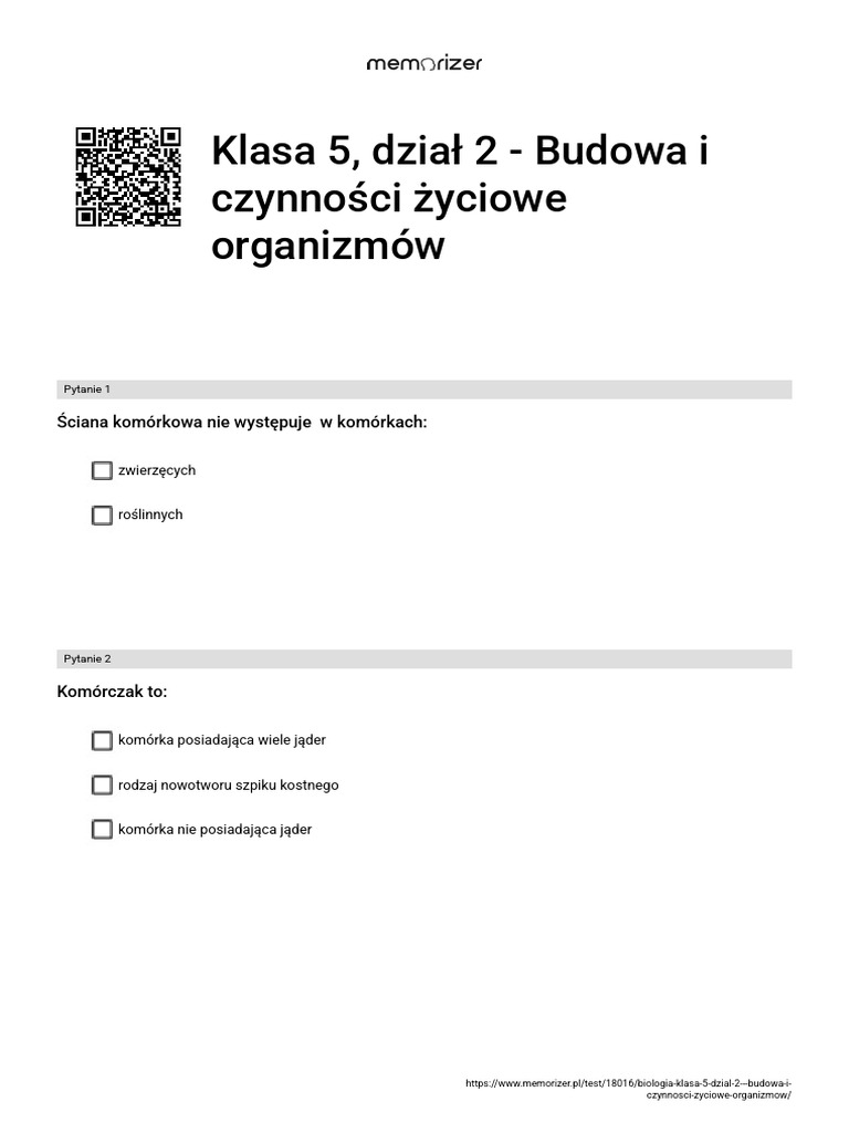 Biologia Klasa 5 Sprawdzian Pdf Budowa I Czynności życiowe Organizmów Klasa 5, Dział 2 - Budowa I Czynności Życiowe Organizmów - ROZWIĄŻ | PDF