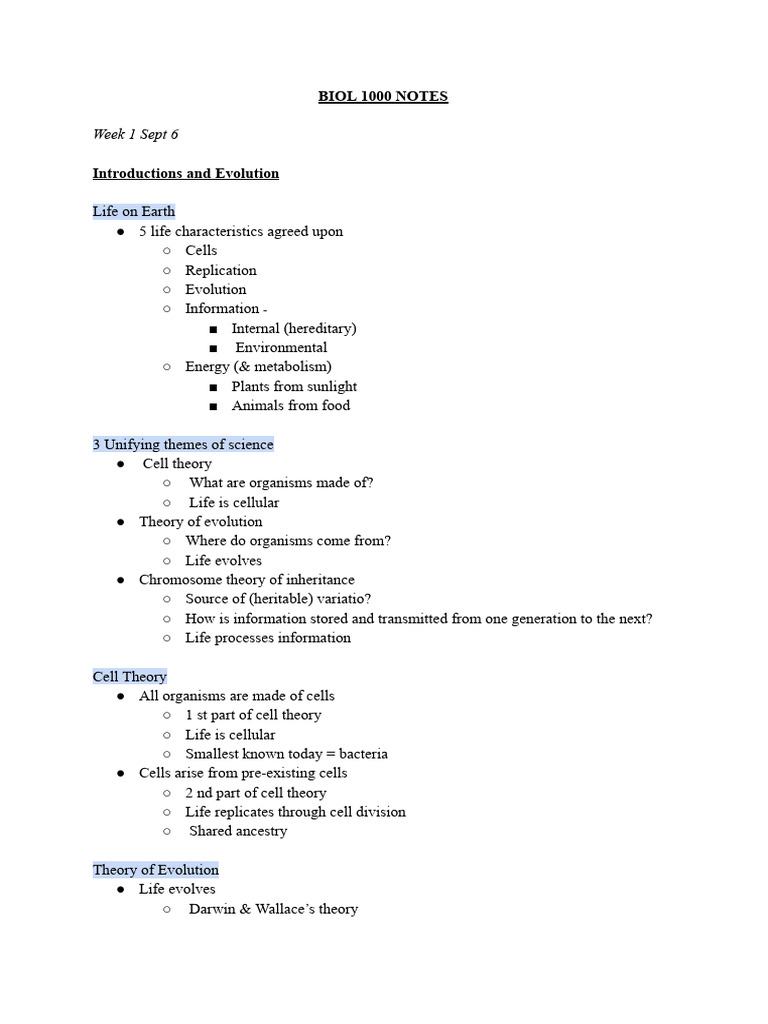 BIOL 1000 Notes Week 1 | PDF