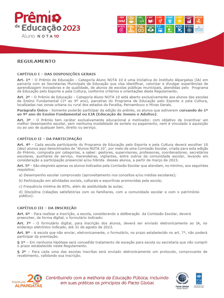 Regulamento do Prêmio Aluno Nota 10 | PDF