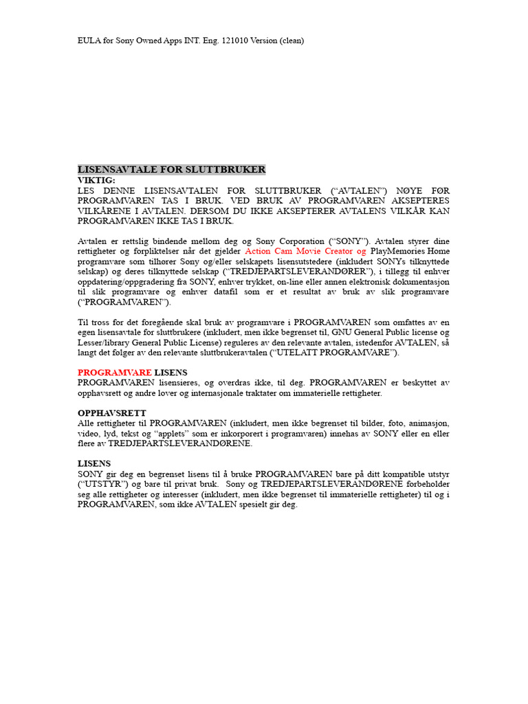 Sony EULA Norway PDF