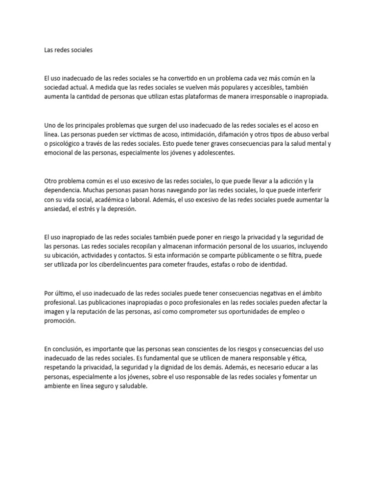 El Uso Inadecuado de Las Redes Sociales | PDF