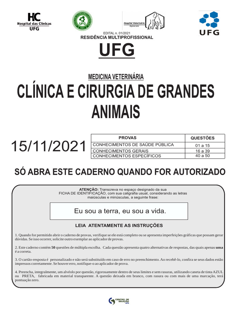 Prova Residencia Veterinaria Ufg 2021 | PDF