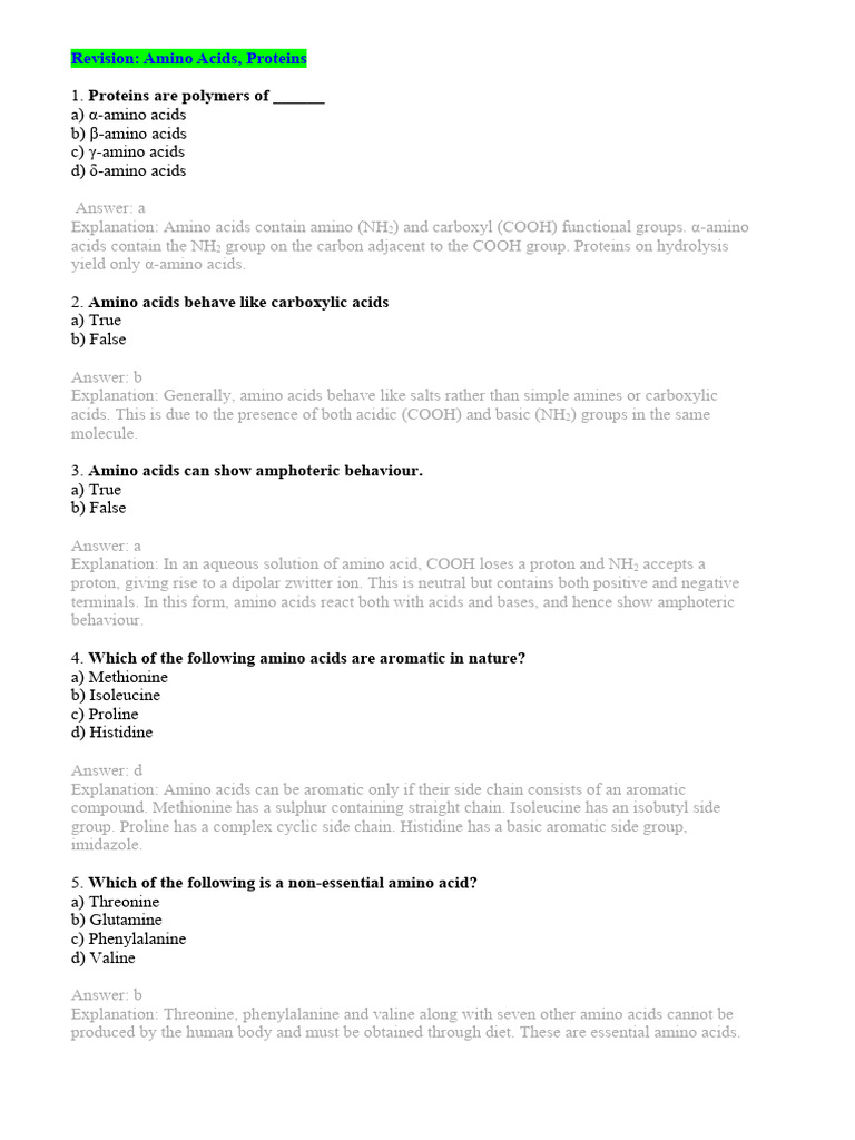 Revision Aminoacids Proteins MCQ Teacher PDF
