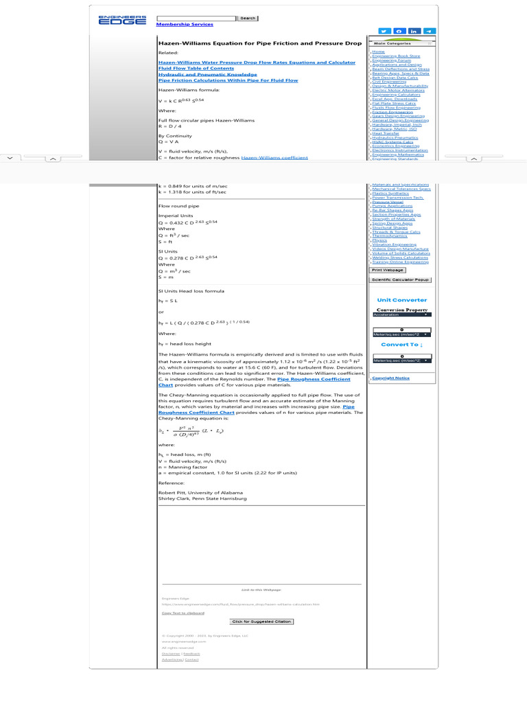 HazenWilliams Equation For Pipe Friction and Pressure Drop Fluid