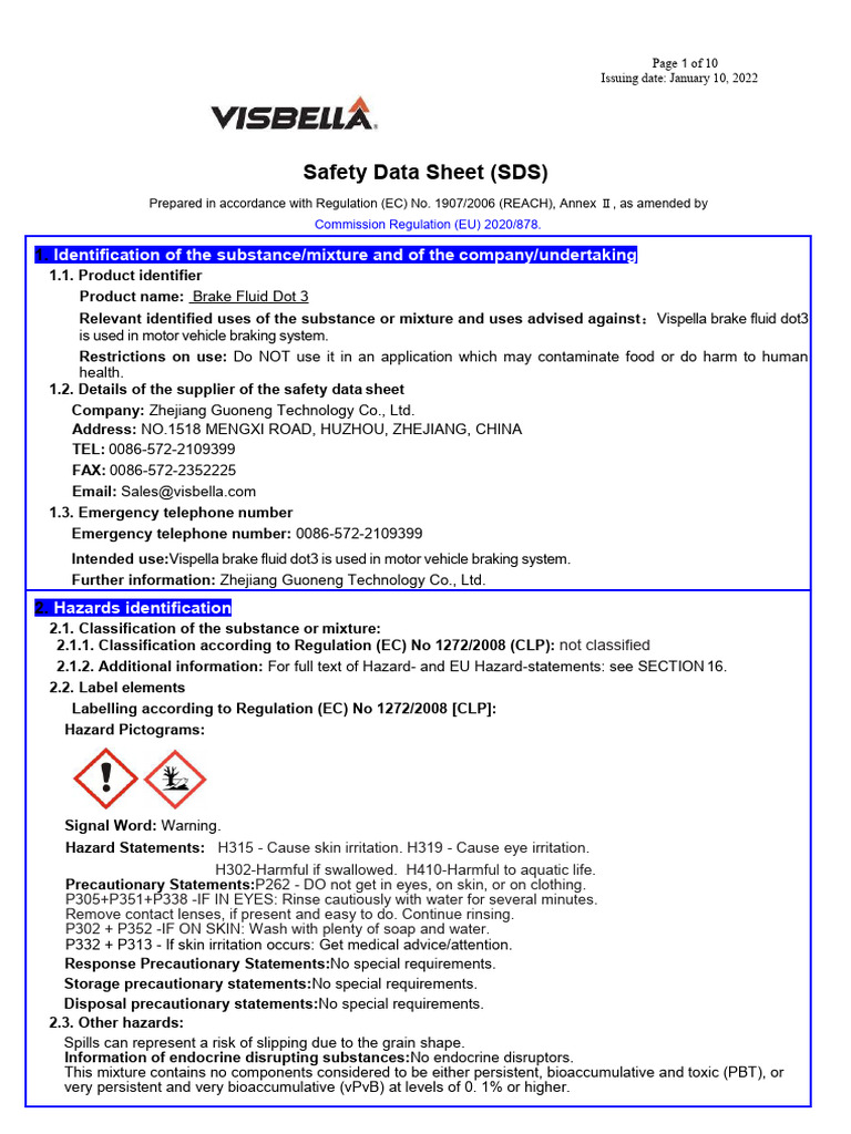 Brake Fluid Dot 3 SDS PDF Dangerous Goods Waste
