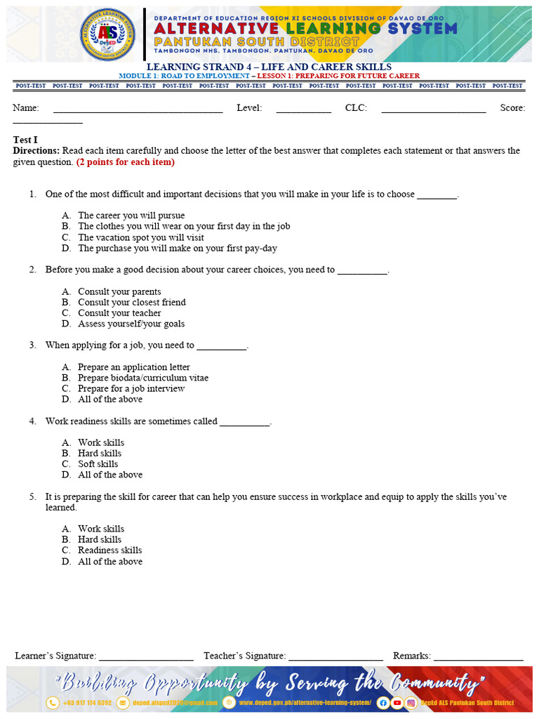 Ls4 Mod1 Lesson 1 Posttest Download Free Pdf Teachers Job