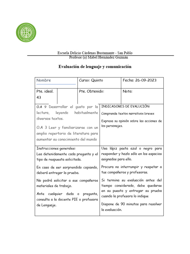 Evaluación de Lenguaje Quinto Básico | PDF