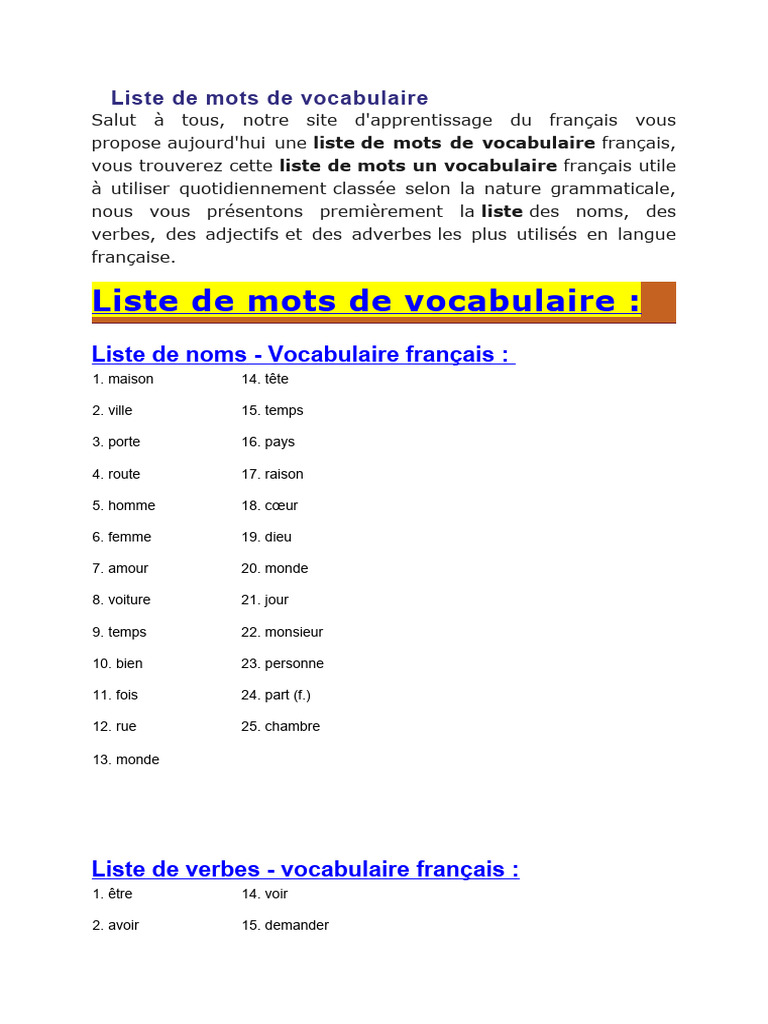 Liste des mots français essentiels | PDF