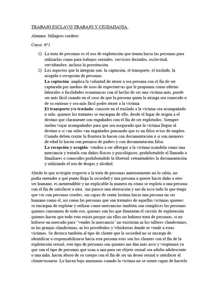 Trabajo Esclavo Trabajo y Ciudadania 6°1 PDF Trata de personas