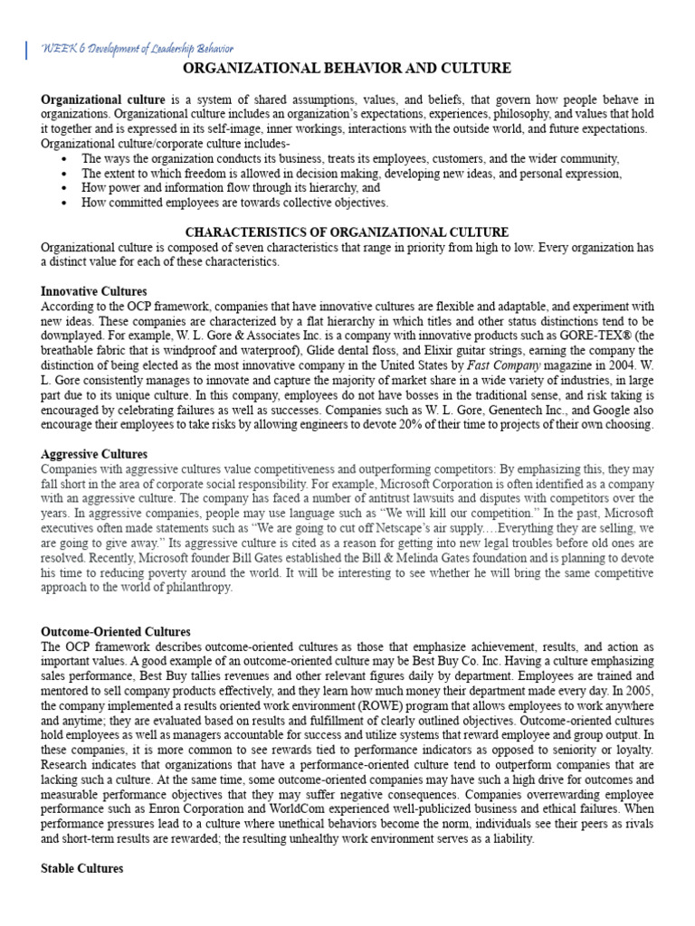Week 6 Organizational Behavior and Culture | Download Free PDF ...