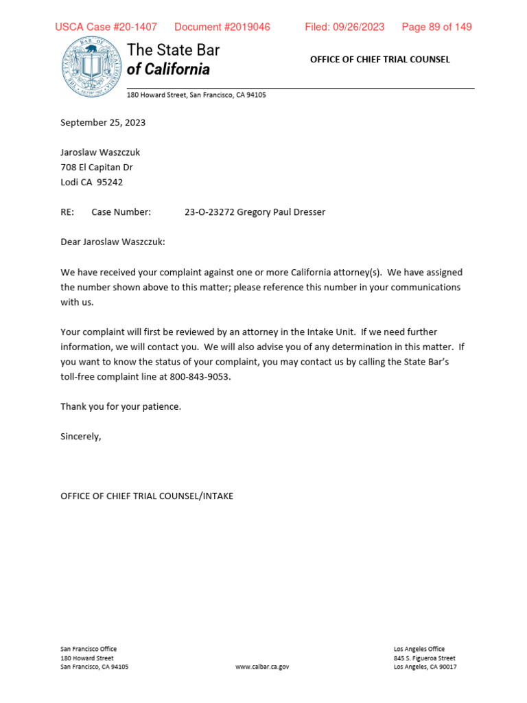 09252023State Bar Complaint Against California Director of Commision