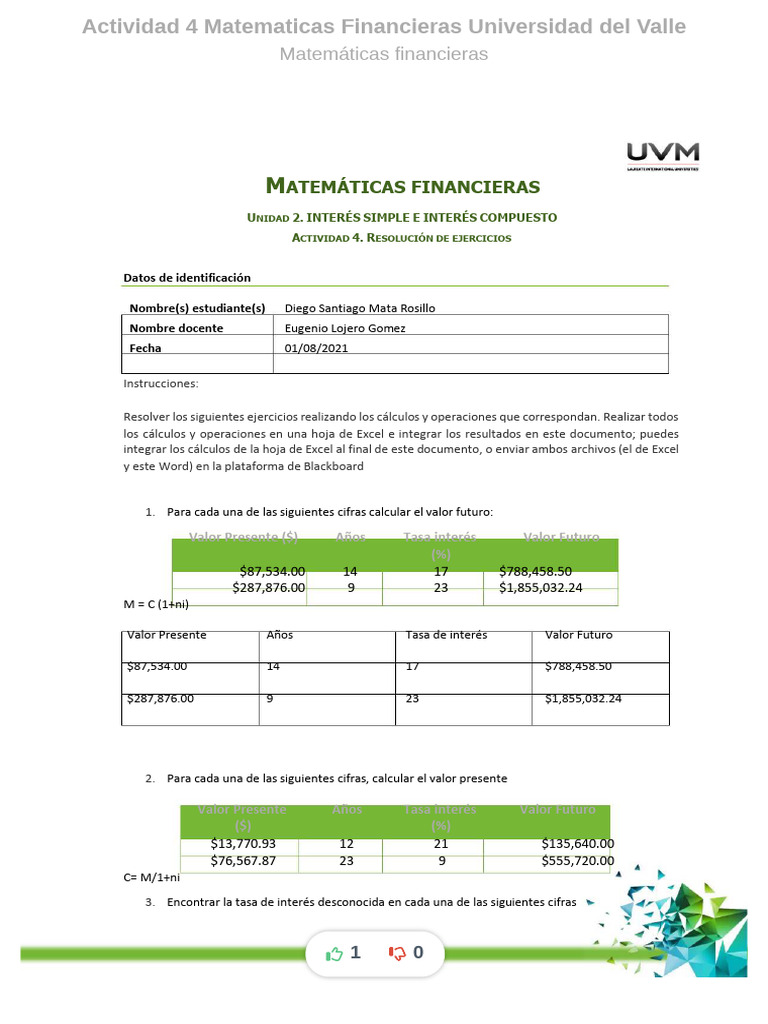Actividad 4 Matematicas Financieras Universidad Del Valle - Compress | PDF