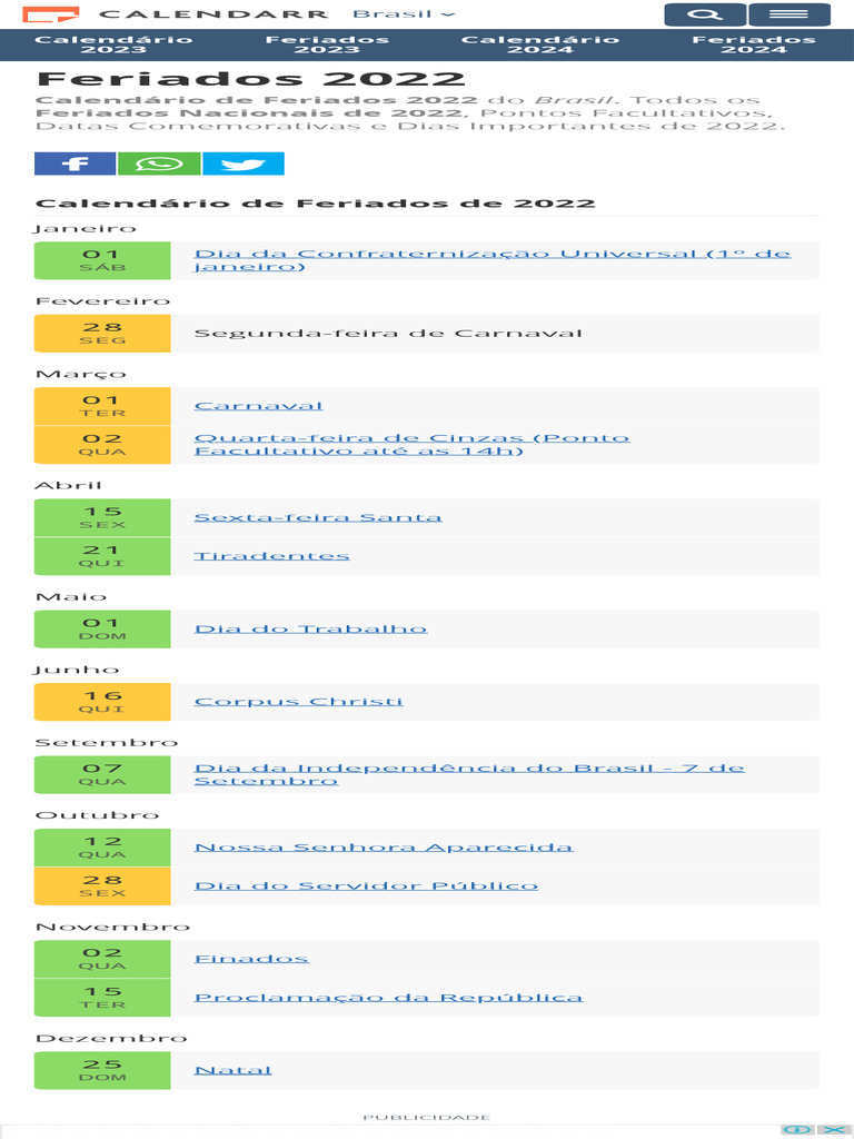 Calendário de Feriados 2022 - Calendarr | PDF