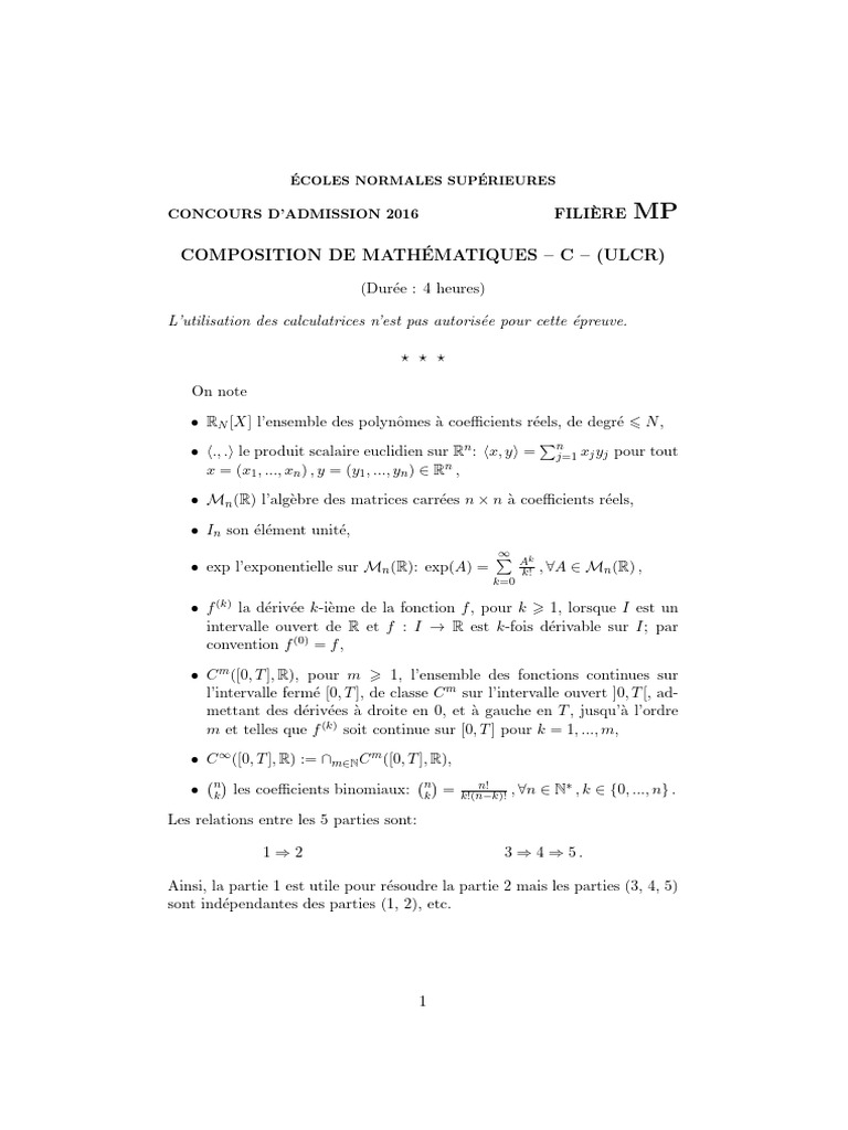 Concours ENS MP 2016 : Épreuve Maths | PDF | Mathématiques | Algèbre ...