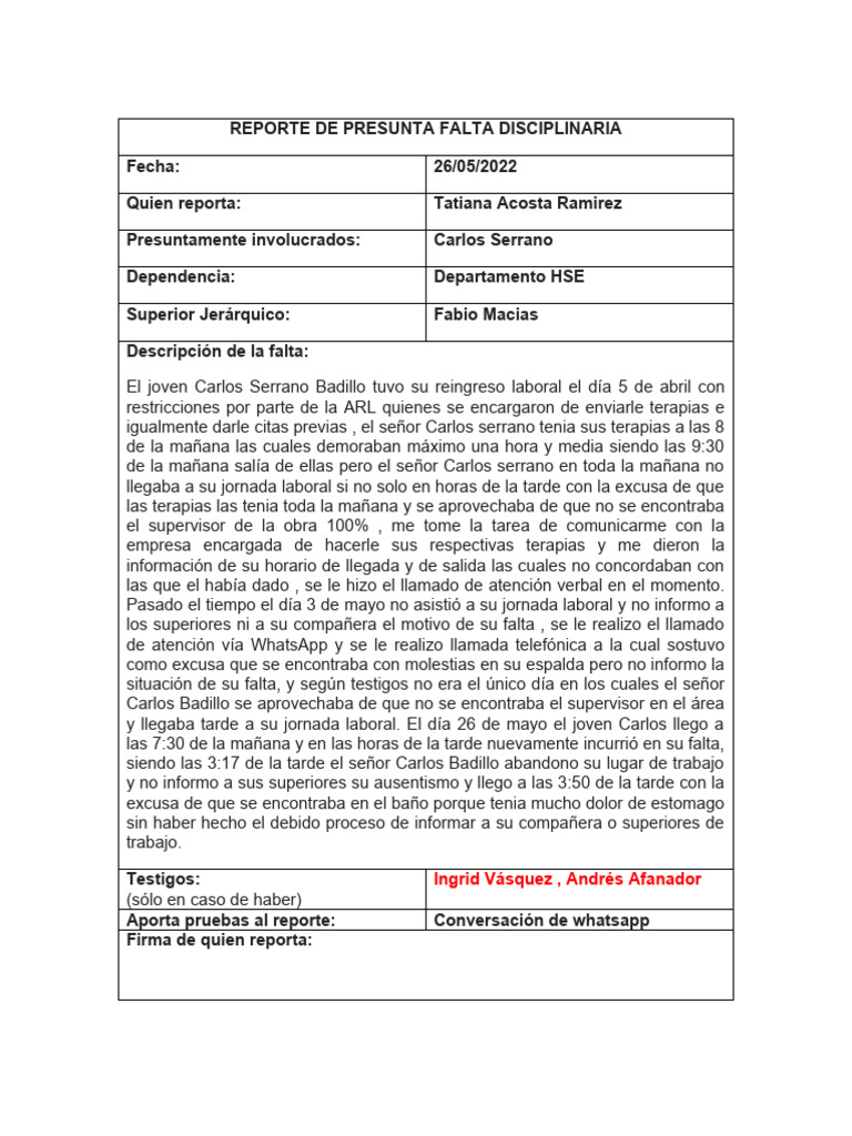 Reporte Falta Disciplinaria | PDF