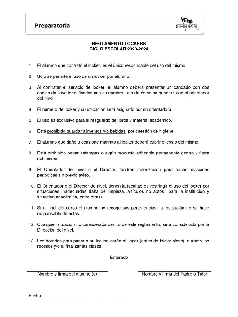 Reglamento de Uso de Lockers 2023-2024 | PDF | Ciencia y matemáticas