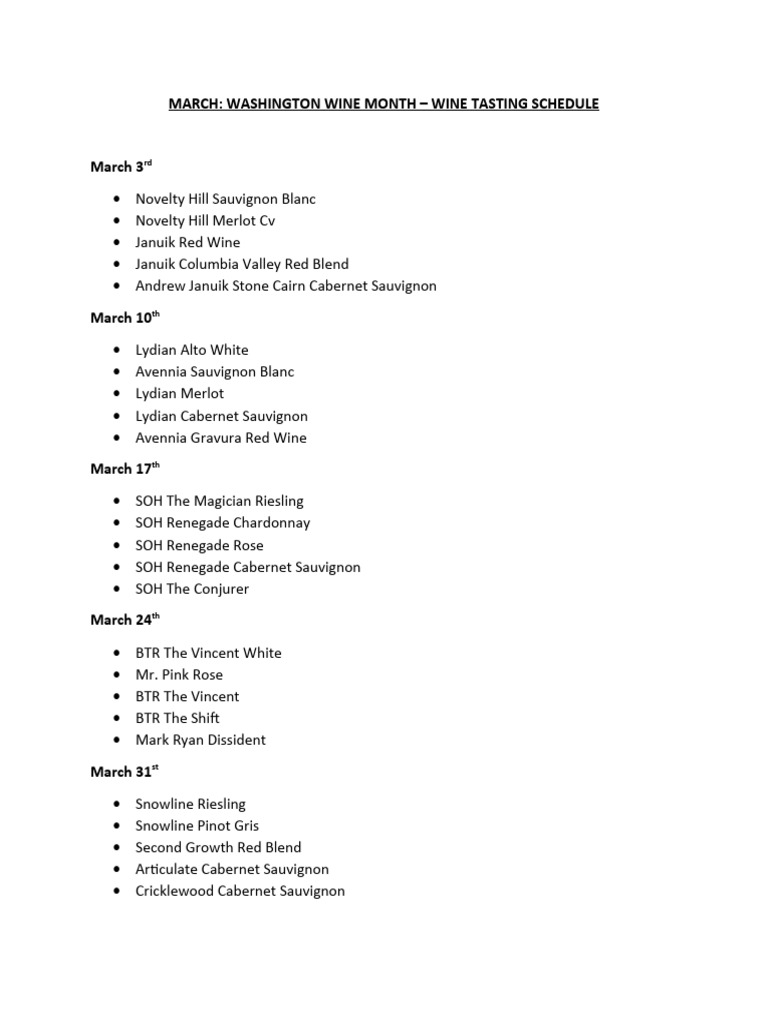 March Wine Tasting Schedule PDF