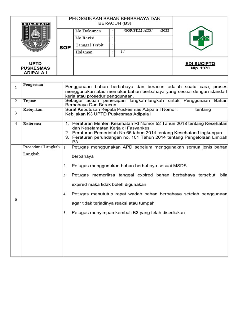 SOP Penggunaan Bahan Berbahaya B3 | PDF