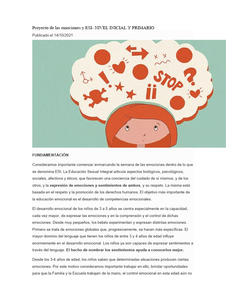Proyecto de Emociones en ESI Infantil | PDF | Las emociones | Aprendizaje