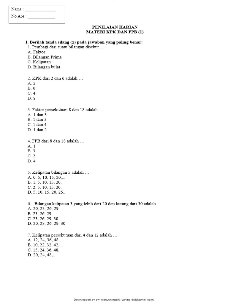 Soal KPK dan FPB Kelas 4 Matematika | PDF