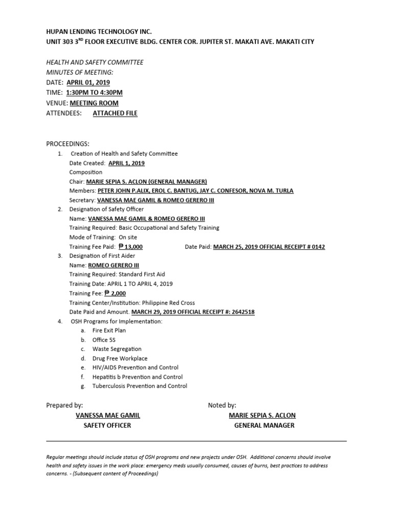 TEMPLATE OSH Minutes of Meetings 1 | PDF