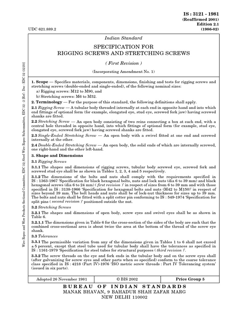Specification For Rigging Screws and Stretching Screws Indian Standard PDF Screw