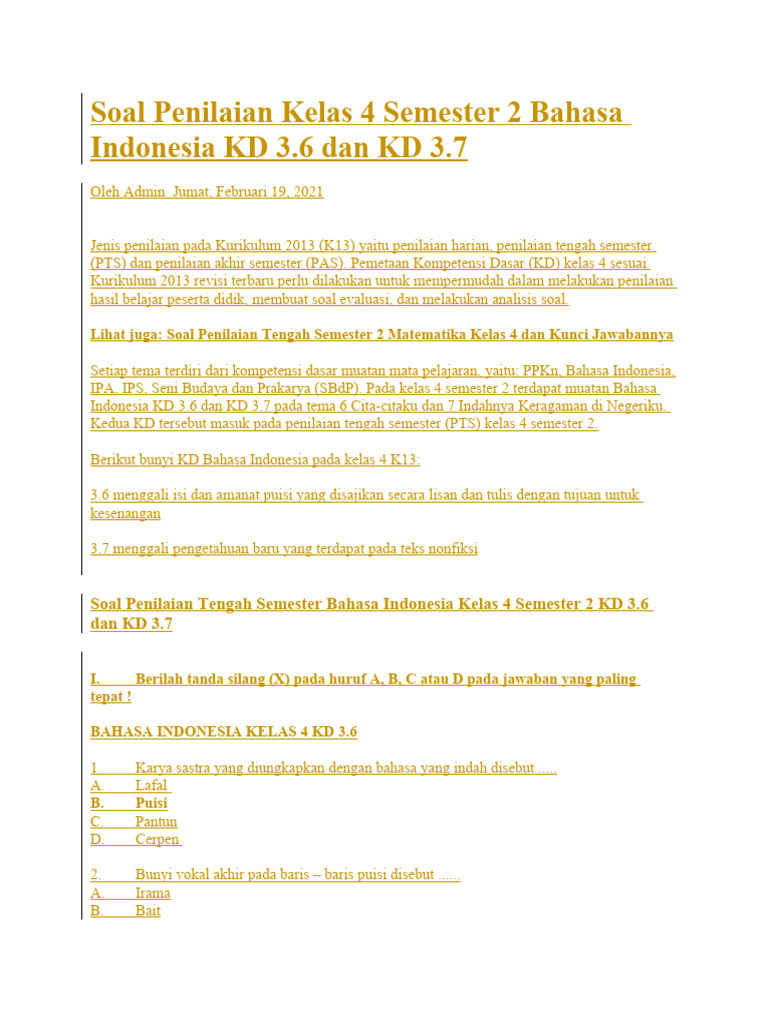 Soal Bahasa Indonesia Kelas 4 KD 3.6 & 3.7 | PDF | Kajian Bahasa Asing