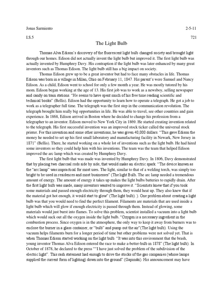 The Light Bulb PDF Incandescent Light Bulb Thomas Edison