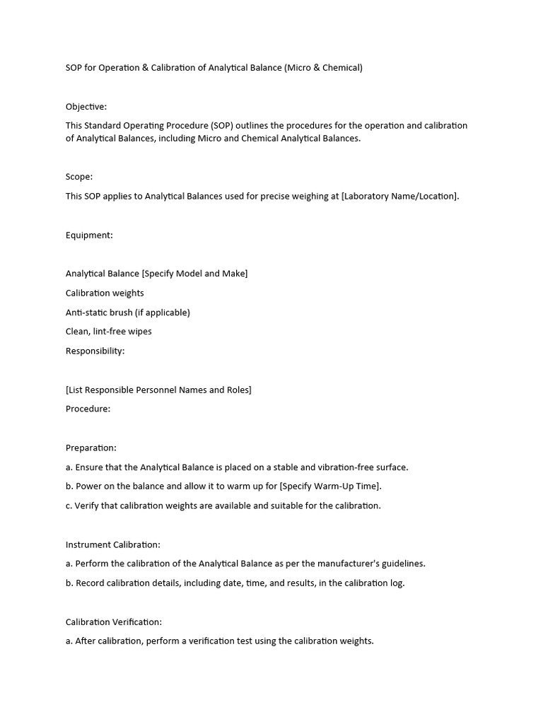 Sop For Operation and Calibration of Analytical Balance PDF